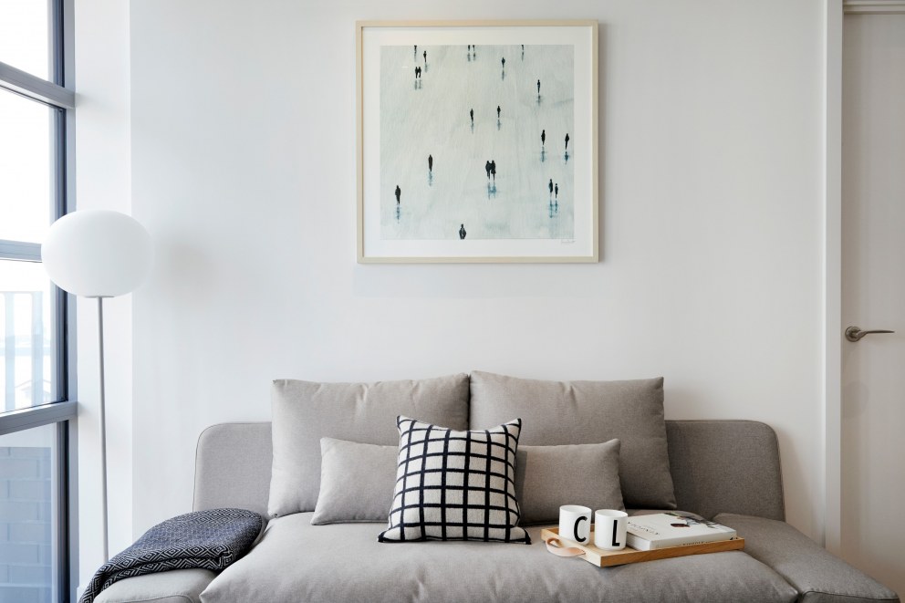 Sleek & Industrial Styled London City Island Apartment | Living Area | Interior Designers